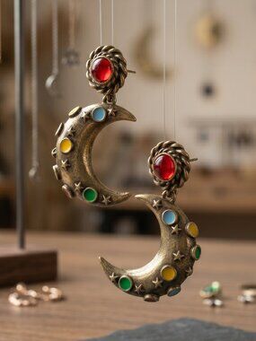 Antique Gold Crescent Moon Drop Earrings Celestial Star Multicolor Whimsigoth